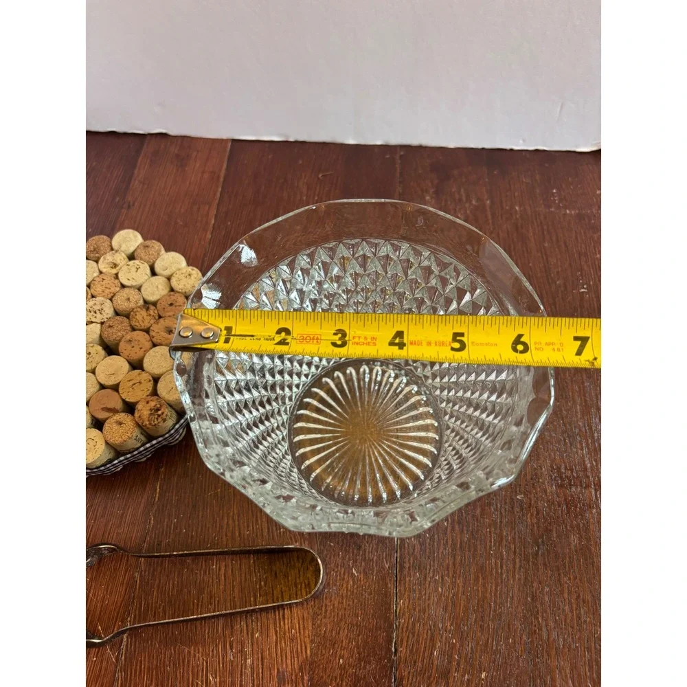 Vintage Diamond Point Pressed Glass Ice Bucket with Silver Tone Claw Tongs Set